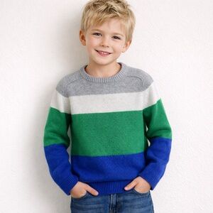 Boden Boys 9-10Y Gray White Green Blue Colorblock Striped Sweater Wool Blend